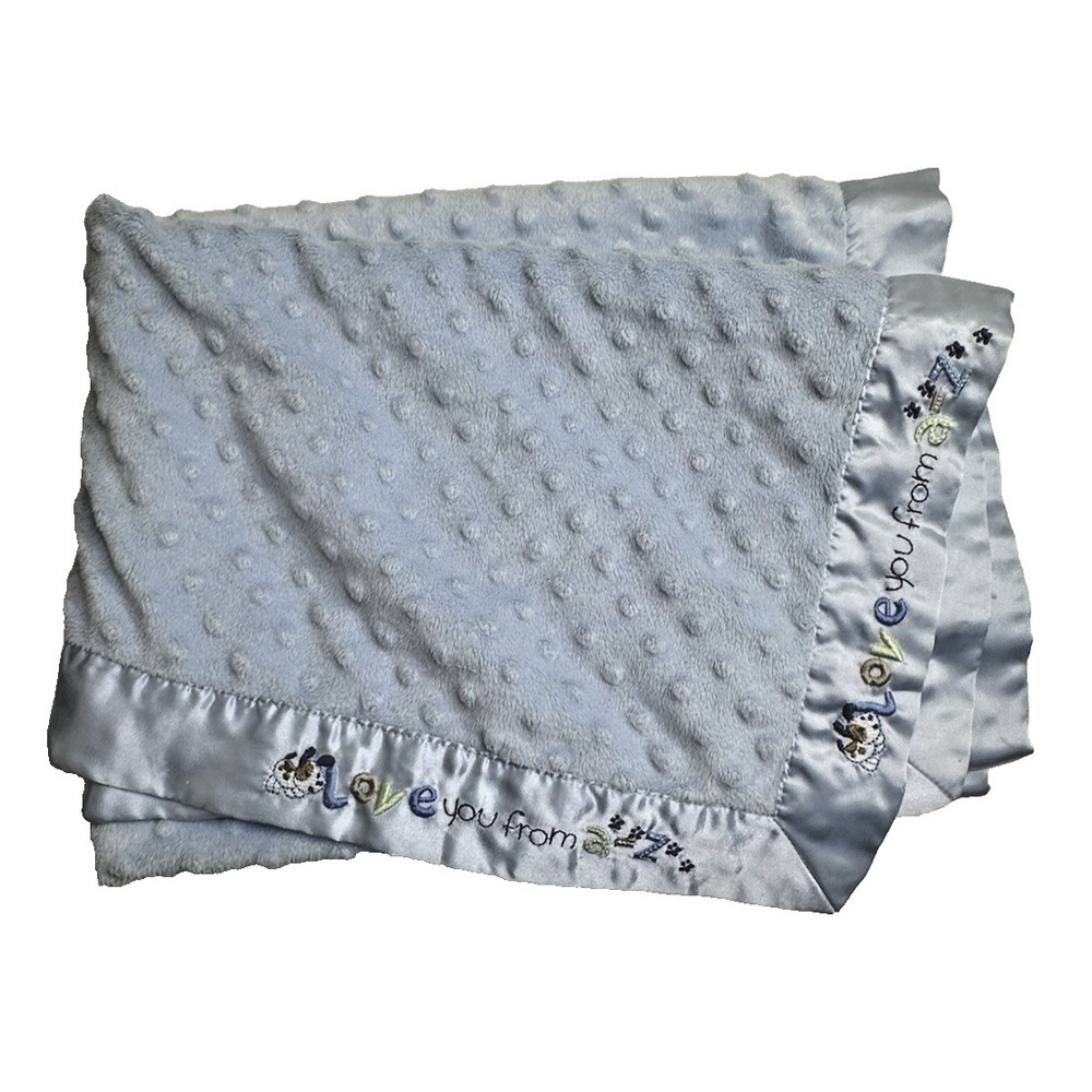 Just One Year Baby Blanket Love you form A to Z Puppy Blue Minky Satin Edge Back